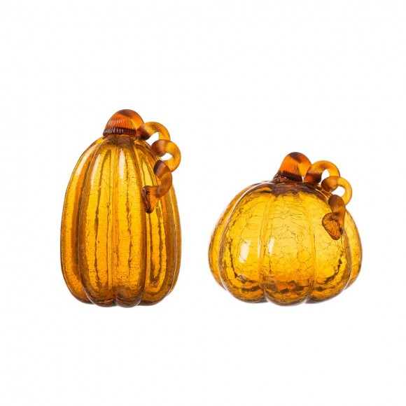 glitzhome Glitzhome S/2 Hand Blown Amber Crackle Glass Pumpkin Decor