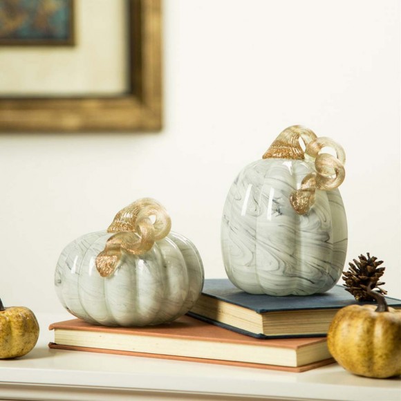 Glitzhome Glitzhome S/2 Hand Blown Gray Marbleized Glass Pumpkin Decor