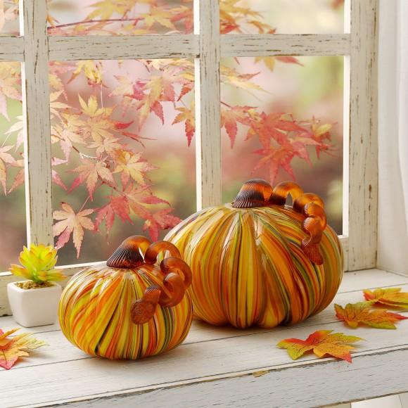 Glitzhome Glitzhome S/2 Multi Striped Glass Short Pumpkin