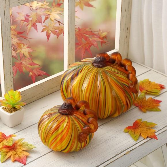 Glitzhome Glitzhome S/2 Multi Striped Glass Short Pumpkin