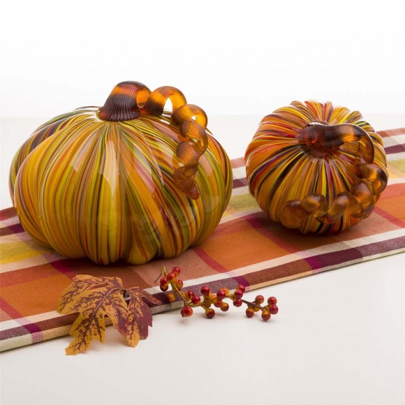 Glitzhome Glitzhome S/2 Multi Striped Glass Short Pumpkin Decor