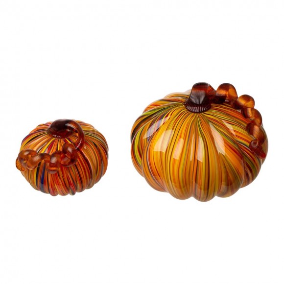 glitzhome Glitzhome S/2 Multi Striped Glass Short Pumpkin Decor
