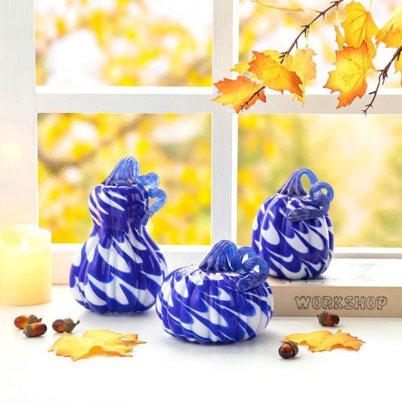 Glitzhome Glitzhome S/3 Blue/White Glass Pumpkin & Gourd Decor
