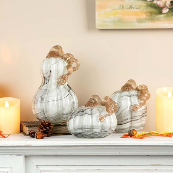 Glitzhome Glitzhome S/3 Gray Marble Glass Pumpkin & Gourd
