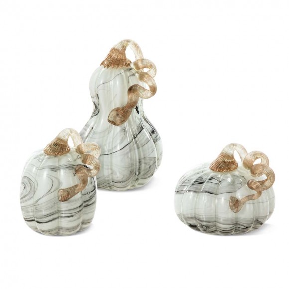 glitzhome Glitzhome S/3 Gray Marble Glass Pumpkin & Gourd