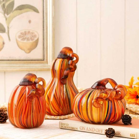 Glitzhome Glitzhome S/3 Multi Striped Glass Pumpkin & Gourd Decor