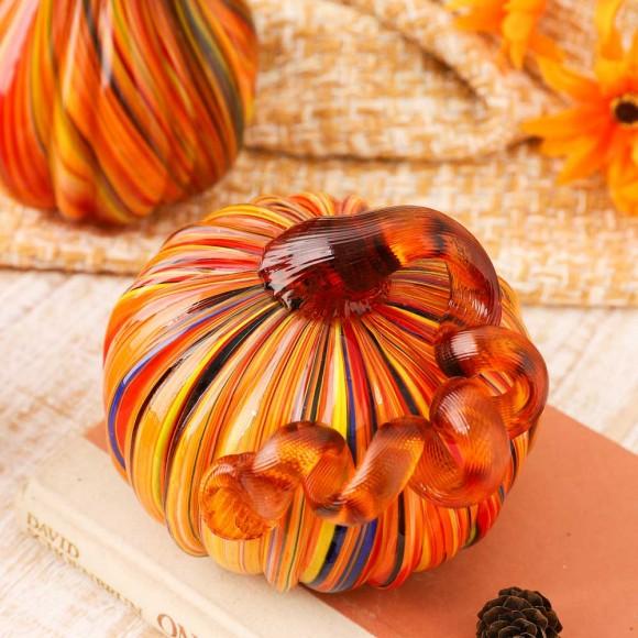 Glitzhome Glitzhome S/3 Multi Striped Glass Pumpkin & Gourd Decor