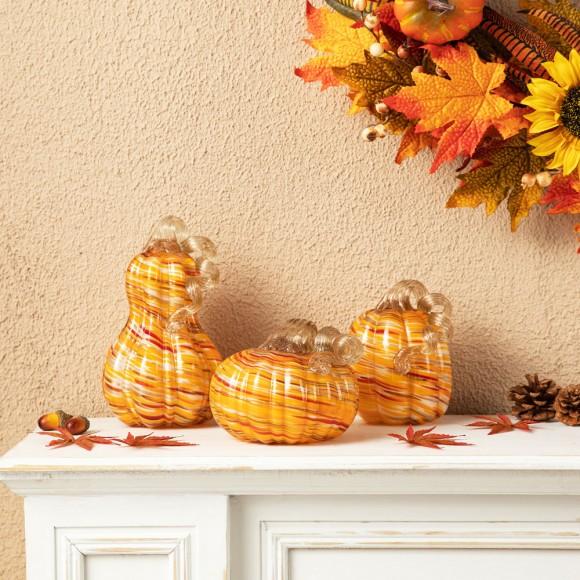 Glitzhome Glitzhome S/3 Multi Stripes Glass Pumpkin & Gourd Decor
