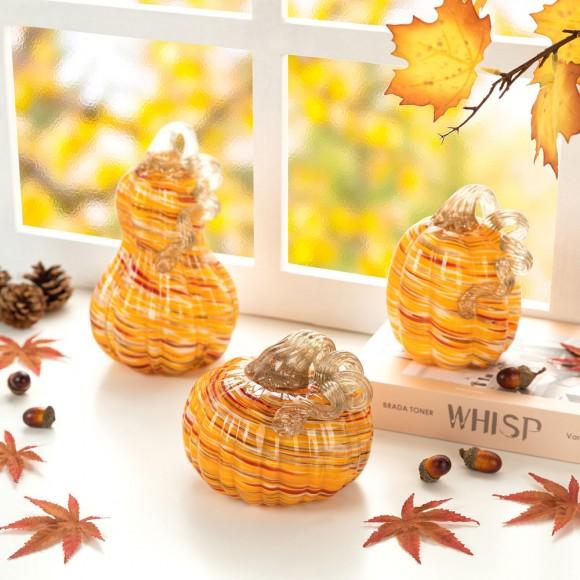 Glitzhome Glitzhome S/3 Multi Stripes Glass Pumpkin & Gourd Decor