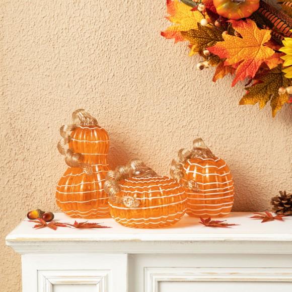 Glitzhome Glitzhome S/3 Orange/White Lines Glass Pumpkin & Gourd Decor