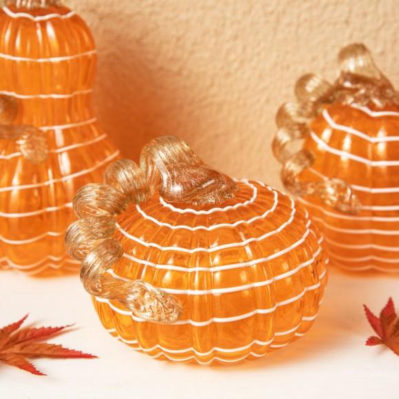 Glitzhome Glitzhome S/3 Orange/White Lines Glass Pumpkin & Gourd Decor