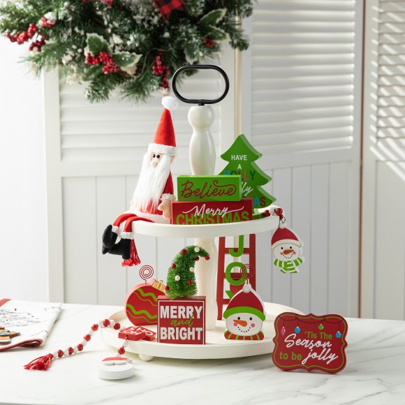 Glitzhome Glitzhome Set Of 11 Christmas Wooden Word Signs And Fabric Santa Tiered Tray Set Table Decor