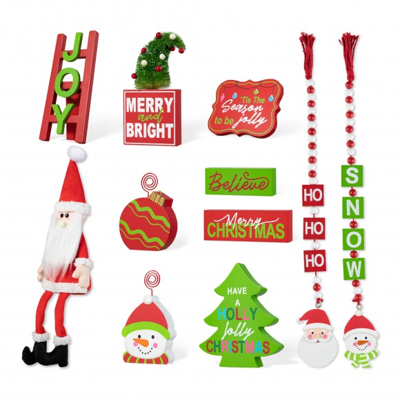 glitzhome Glitzhome Set of 11 Christmas Wooden Word Signs and Fabric Santa Tiered Tray Set Table Decor