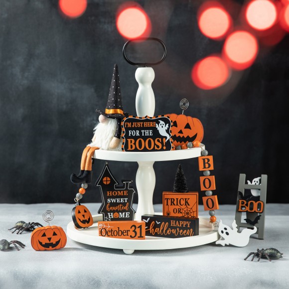 Glitzhome Glitzhome Set Of 11 Halloween Wooden Word Signs And Fabric Gnome Tiered Tray Set Table Décor