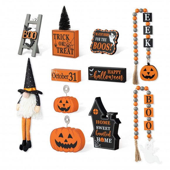 glitzhome Glitzhome Set of 11 Halloween Wooden Word Signs and Fabric Gnome Tiered Tray Set Table Décor