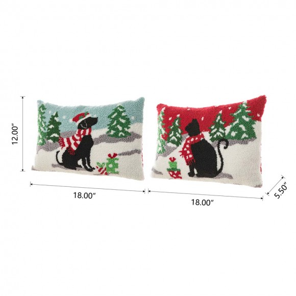 Glitzhome Glitzhome Set Of 2 18"L Hooked Christmas Cat & Dog Pillow