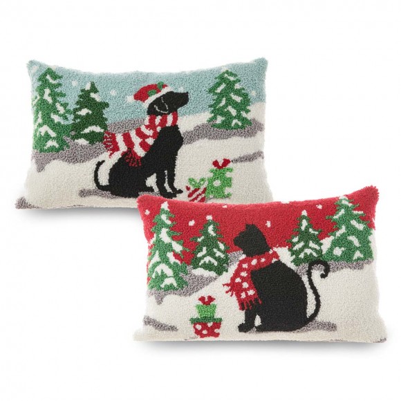 glitzhome Glitzhome Set of 2 18"L Hooked Christmas Cat & Dog Pillow