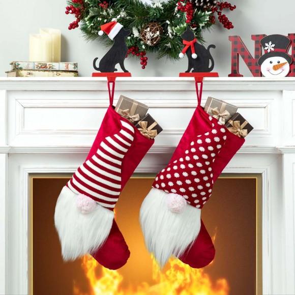 Glitzhome Glitzhome Set Of 2 21.75"H 3D Fabric Christmas Gnome Stripes & Dots Stocking