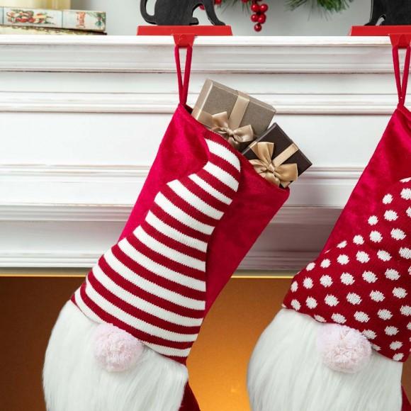 Glitzhome Glitzhome Set Of 2 21.75"H 3D Fabric Christmas Gnome Stripes & Dots Stocking