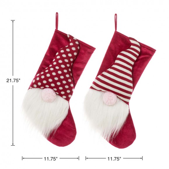 Glitzhome Glitzhome Set Of 2 21.75"H 3D Fabric Christmas Gnome Stripes & Dots Stocking