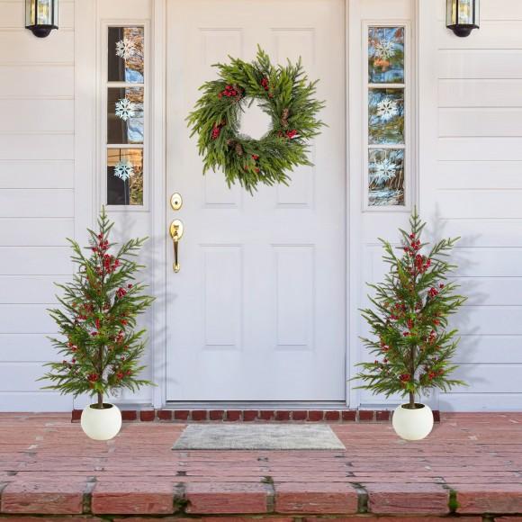 Glitzhome Glitzhome Set Of 2 37.5"H Christmas Greenery PE Dripping Pine Porch Tree With Pinecones And Red Berries
