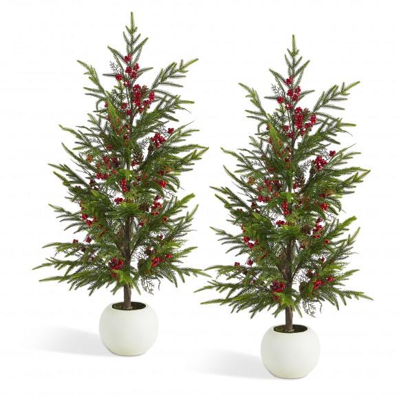 glitzhome Glitzhome Set of 2 37.5"H Christmas Greenery PE Dripping Pine Porch Tree with Pinecones and Red Berries