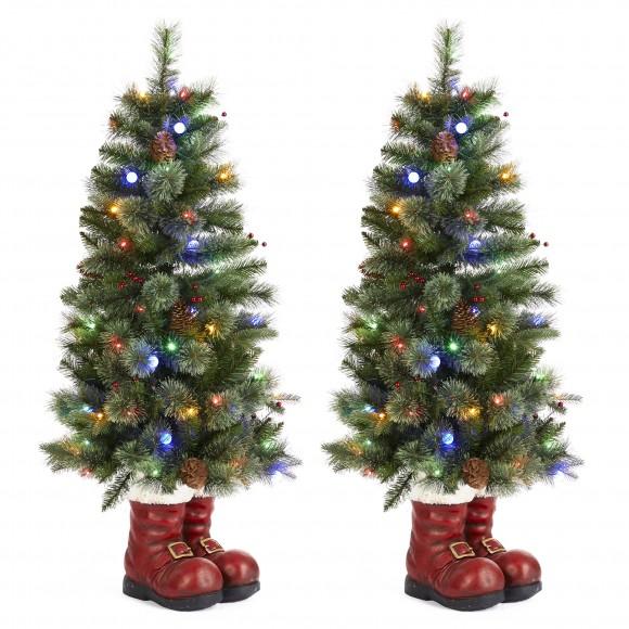 glitzhome Glitzhome Set of 2 4.5ft Christmas Santa Boots Porch Tree with 75 Warm White/Multi-color LED Lights including 18 globe LED Lights 9 function w/Foot Pedal