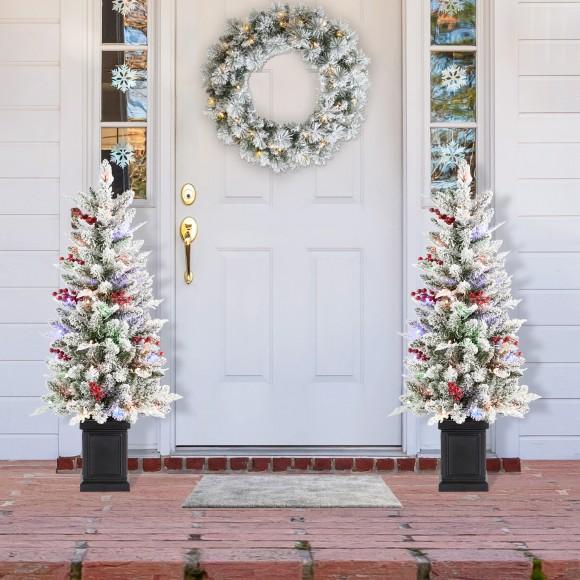 Glitzhome Glitzhome Set Of 2 4ft Pre-Lit Flocked Artificial Christmas Porch Tree With And Red Berries And 60 Warm White/Multi-color Lights 2 Function W/Foot Pedal