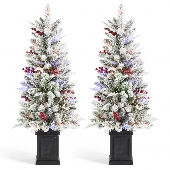 glitzhome Glitzhome Set of 2 4ft Pre-Lit Flocked Artificial Christmas Porch Tree with and Red Berries and 60 Warm White/Multi-color Lights 2 function w/Foot Pedal