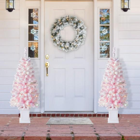 Glitzhome Glitzhome Set Of 2 4ft Pre-Lit Flocked Pink Artificial Christmas Porch Tree With 100 Warm White/multi-color LED Lights 8 Function W/Foot Pedal