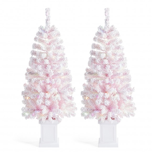 glitzhome Glitzhome Set of 2 4ft Pre-Lit Flocked Pink Artificial Christmas Porch Tree with 100 warm white/multi-color LED Lights 8 function w/Foot Pedal