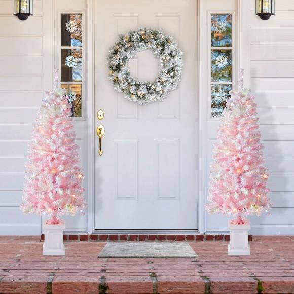 Glitzhome Glitzhome Set Of 2 5ft Pre-Lit Flocked Pink Artificial Christmas Porch Tree With 130 Warm White/multi-color LED Lights 8 Function W/Foot Pedal