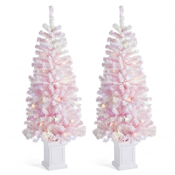 glitzhome Glitzhome Set of 2 5ft Pre-Lit Flocked Pink Artificial Christmas Porch Tree with 130 warm white/multi-color LED Lights 8 function w/Foot Pedal