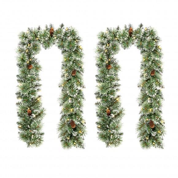 glitzhome Glitzhome Set of 2 6ft Pre-Lit Frosted Greenery Pinecones Christmas Garland with 35 C3 Clear LED Lights and Timer Three Function