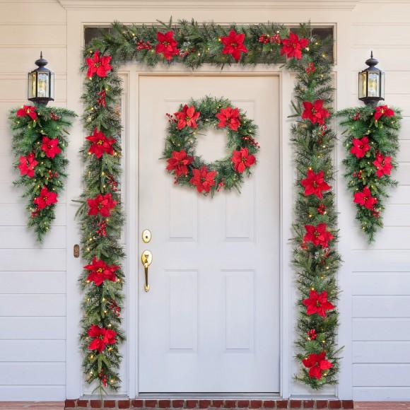 Glitzhome Glitzhome Set Of 2 6ft Pre-Lit Greenery Pine Red Poinsettia And Berries Christmas Garland With 50 Warm White Lights And Timer Three Function