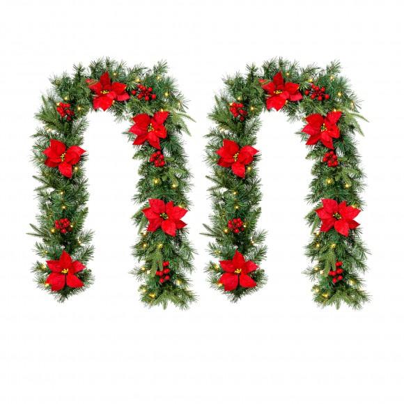 glitzhome Glitzhome Set of 2 6ft Pre-Lit Greenery Pine Red Poinsettia and Berries Christmas Garland with 50 Warm White Lights and Timer Three Function