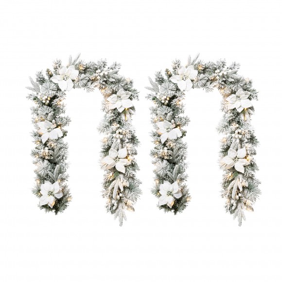 glitzhome Glitzhome Set of 2 6ft Pre-Lit Snow Flocked Greenery Pine Poinsettia Christmas Garland with 50 Warm White Lights with Timer Three Function