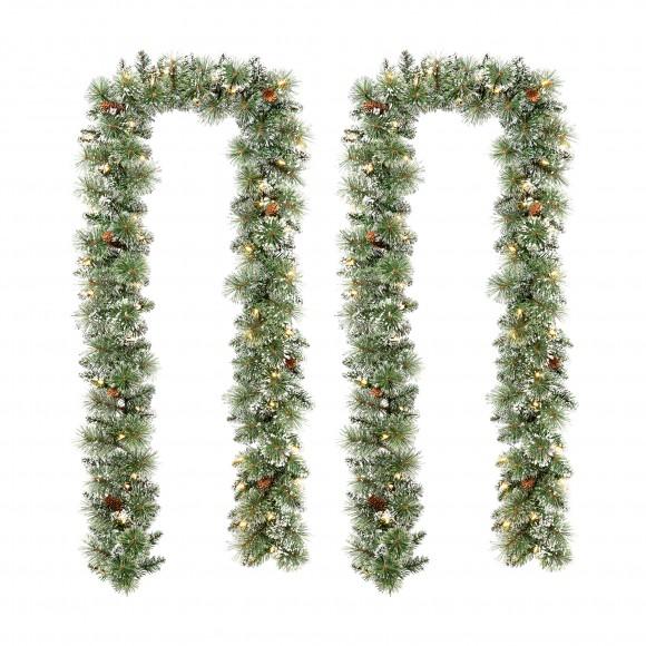 glitzhome Glitzhome Set of 2 9ft Pre-Lit Frosted Greenery Pinecones Christmas Garland with 50 C3 Clear LED Lights and Timer Three Function