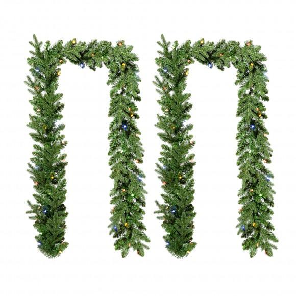 glitzhome Glitzhome Set of 2 9ft Pre-Lit Greenery Christmas Garland with 50 C4 strawberry LED Lights and Timer 9 Functional Warm White/Multi-color remote controller
