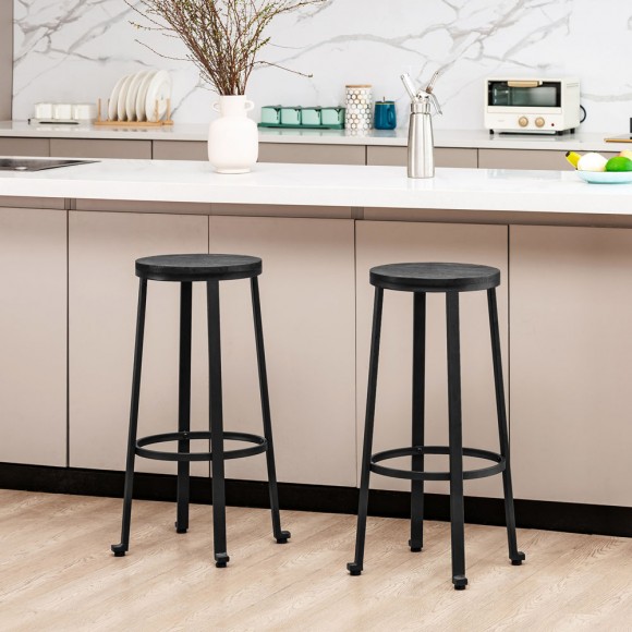 Glitzhome Glitzhome Set Of 2 Black Steel Bar Stool With Round Elm Wood Top
