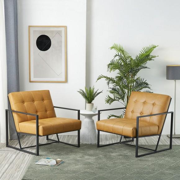 Glitzhome Glitzhome Set Of 2 Camel PU Leather Button-tufted Accent Arm Chair With Black Metal Frame
