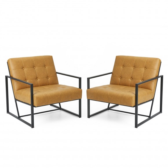 glitzhome Glitzhome Set of 2 Camel PU Leather Button-tufted Accent Arm Chair with Black Metal Frame