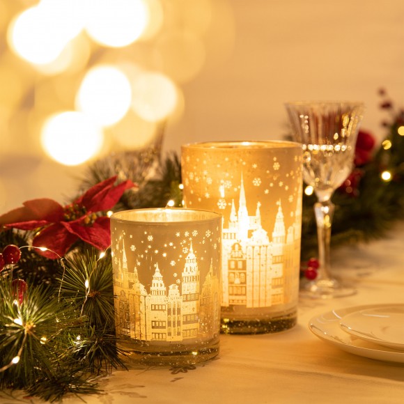 Glitzhome Glitzhome Set Of 2 Christmas House Glass Votive/Pillar Candle Holders