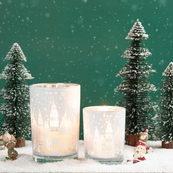 Glitzhome Glitzhome Set Of 2 Christmas House Glass Votive/Pillar Candle Holders