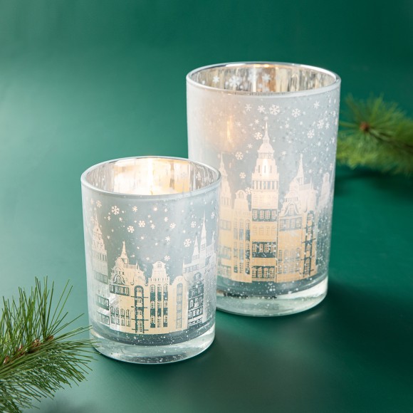 Glitzhome Glitzhome Set Of 2 Christmas House Glass Votive/Pillar Candle Holders