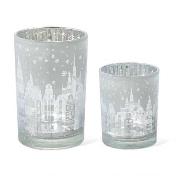 glitzhome Glitzhome Set of 2 Christmas House Glass Votive/Pillar Candle Holders