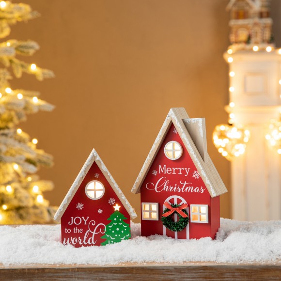 Glitzhome Glitzhome Set Of 2 Christmas Lighted Wooden House Table Decor