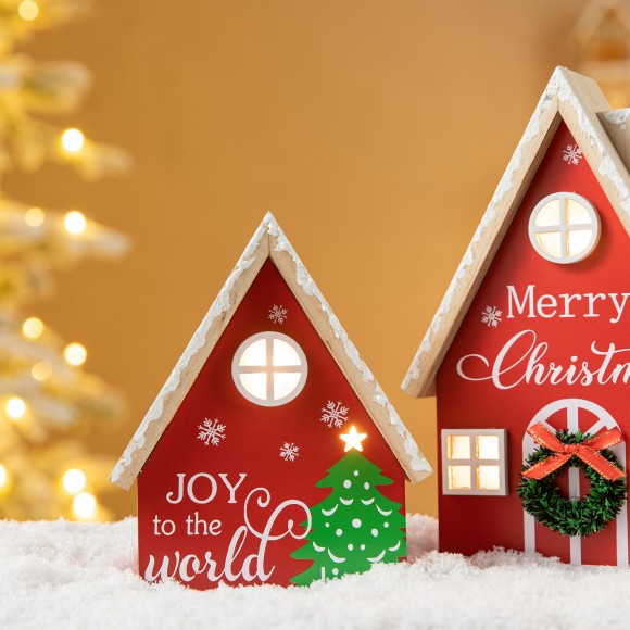 Glitzhome Glitzhome Set Of 2 Christmas Lighted Wooden House Table Decor