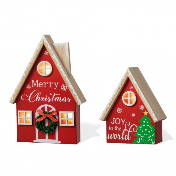 glitzhome Glitzhome Set of 2 Christmas Lighted Wooden House Table decor