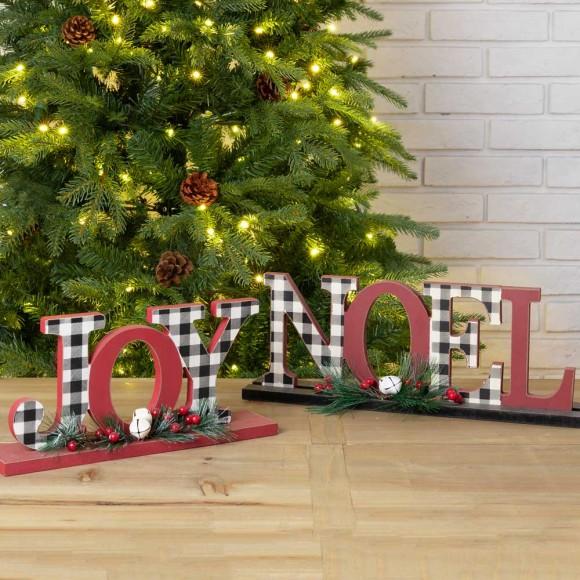 Glitzhome Glitzhome Set Of 2 Christmas Wooden Plaid JOY & NOEL Table Decors